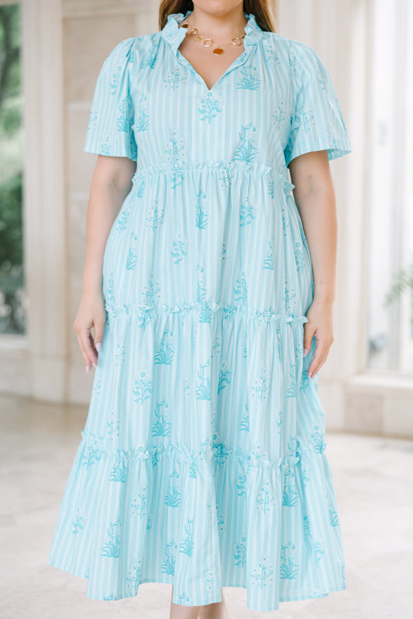 Chic soul plus size clothing, Light blue tiered midi dress with a split v-neck, vertical stripes, and a floral print.