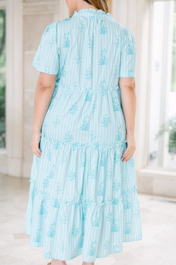 Chic soul plus size clothing, Light blue tiered midi dress with a split v-neck, vertical stripes, and a floral print.