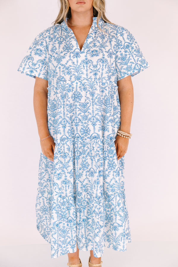 Chic Soul plus size clothing, light blue and white patterned short bell sleeve tiered v neck maxi dress 
