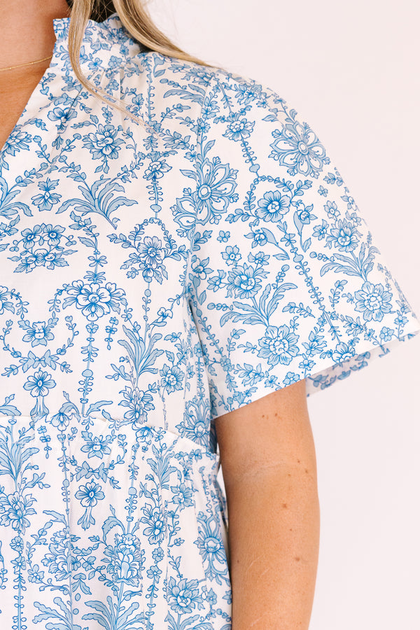 Chic Soul plus size clothing, light blue and white patterned short bell sleeve tiered v neck maxi dress 

