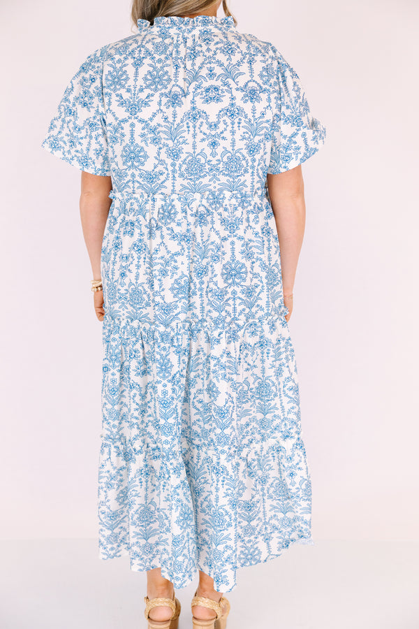 Chic Soul plus size clothing, light blue and white patterned short bell sleeve tiered v neck maxi dress 
