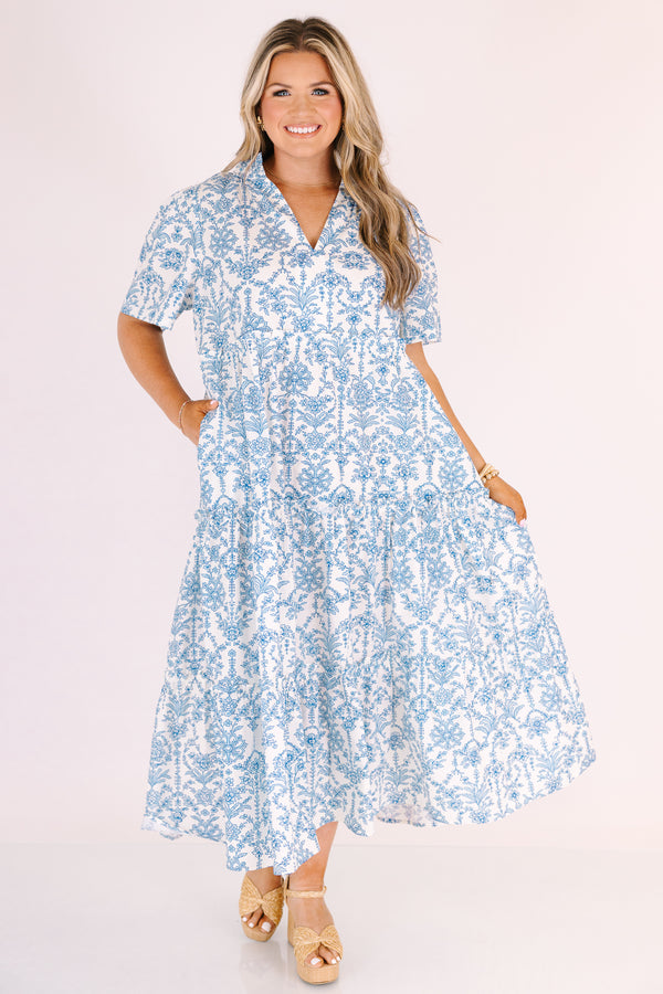 Chic Soul plus size clothing, light blue and white patterned short bell sleeve tiered v neck maxi dress 
