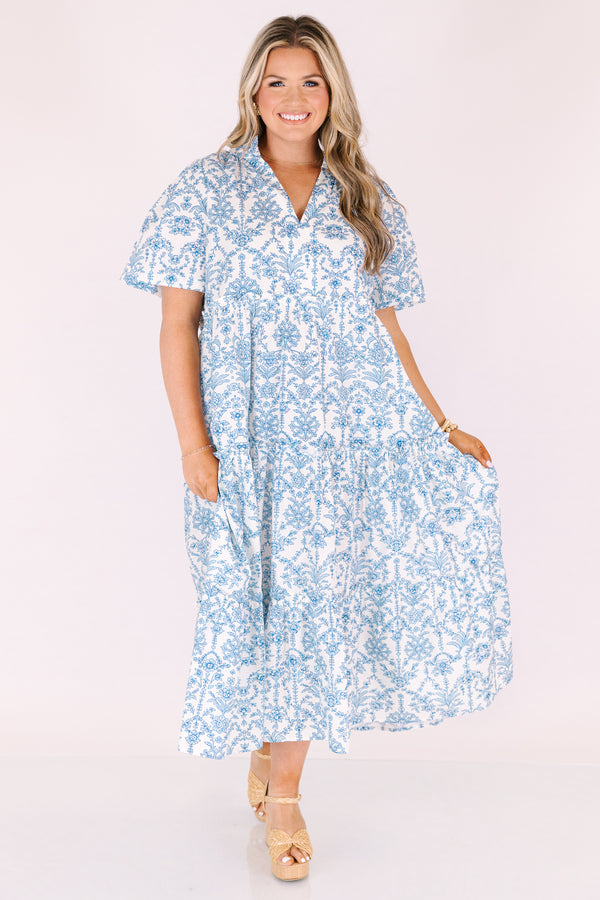 Chic Soul plus size clothing, light blue and white patterned short bell sleeve tiered v neck maxi dress 
