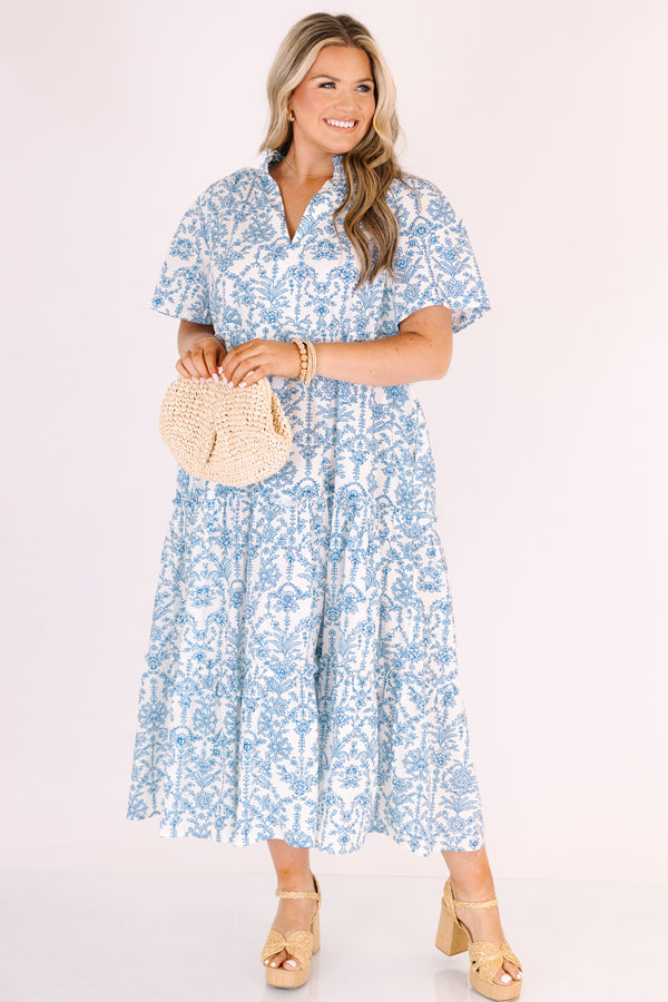 Chic Soul plus size clothing, light blue and white patterned short bell sleeve tiered v neck maxi dress 
