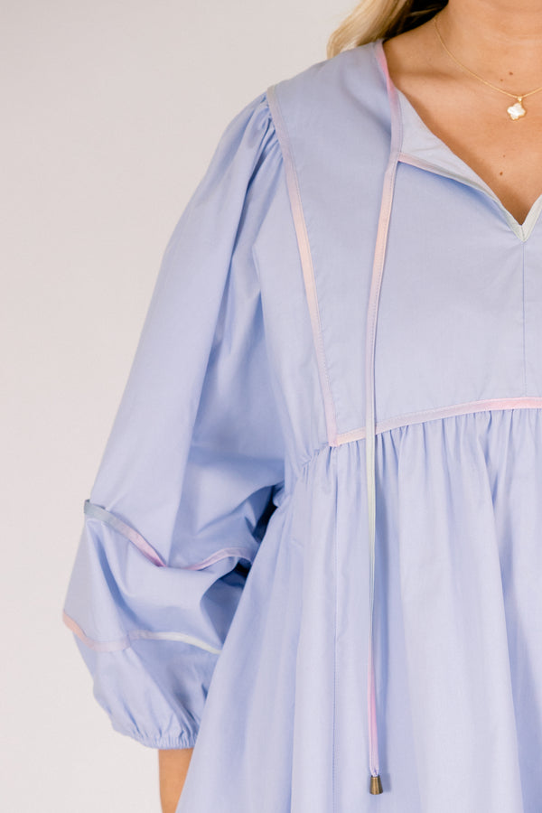 Chic Soul plus size clothing, baby blue dress with half bubble sleeves and single striped tie dye details on the bottom of the dress on the sleeves and along the neckline 
