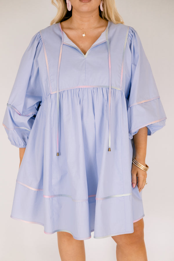 Chic Soul plus size clothing, baby blue dress with half bubble sleeves and single striped tie dye details on the bottom of the dress on the sleeves and along the neckline 
