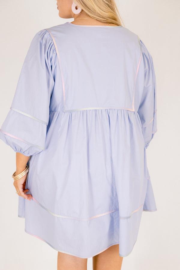 Chic Soul plus size clothing, baby blue dress with half bubble sleeves and single striped tie dye details on the bottom of the dress on the sleeves and along the neckline 
