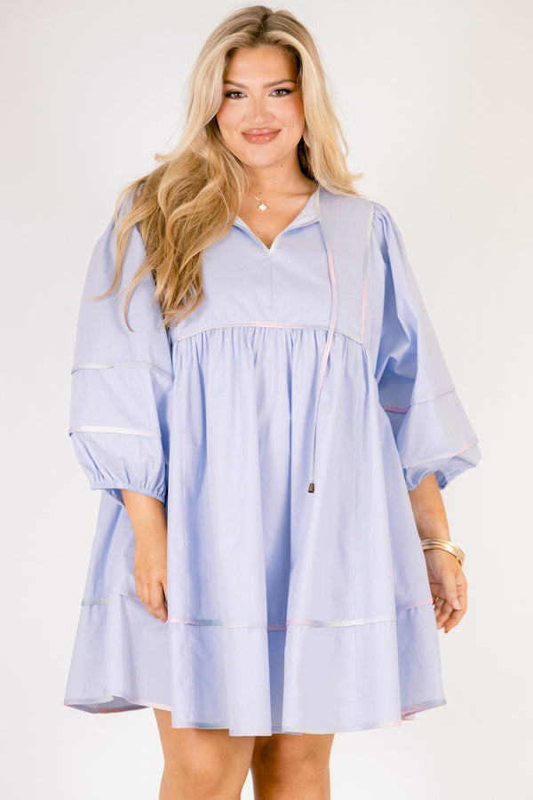 Chic Soul plus size clothing, baby blue dress with half bubble sleeves and single striped tie dye details on the bottom of the dress on the sleeves and along the neckline 