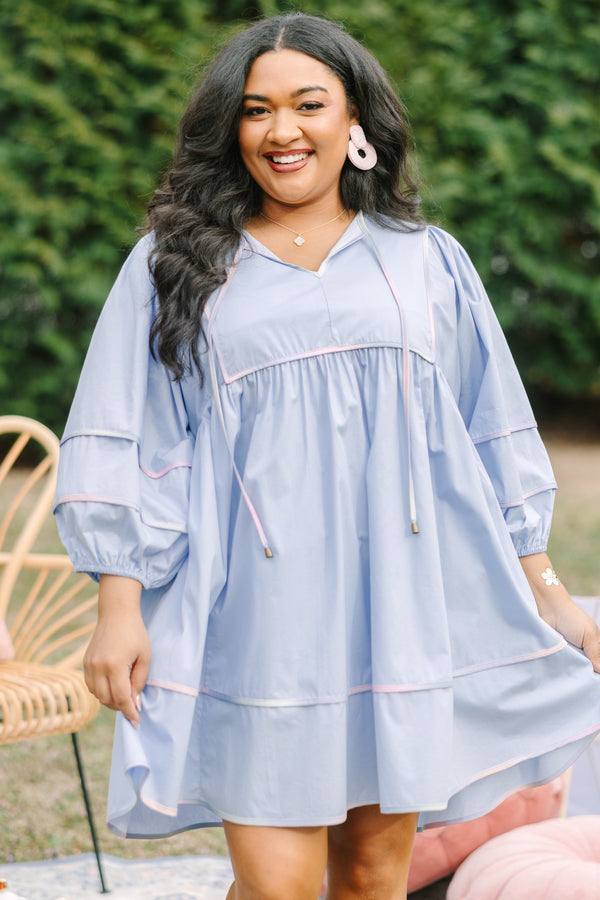 Chic Soul plus size clothing, baby blue dress with half bubble sleeves and single striped tie dye details on the bottom of the dress on the sleeves and along the neckline 