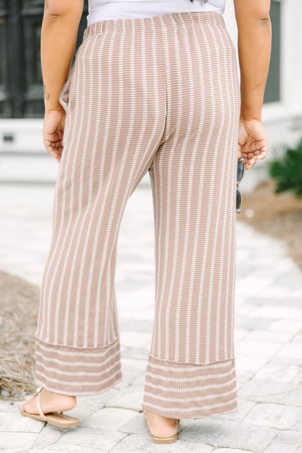 Chic Soul plus size clothing, mocha brown and white vertical stripe flowy pants with stretchy waistband and horizontal mocha brown and white stripe cuffing at the bottom