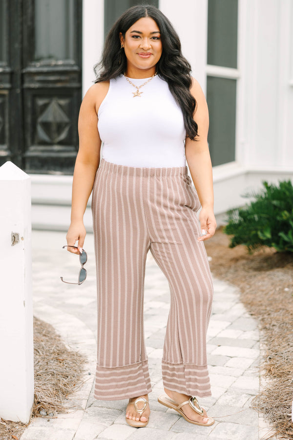 Chic Soul plus size clothing, mocha brown and white vertical stripe flowy pants with stretchy waistband and horizontal mocha brown and white stripe cuffing at the bottom