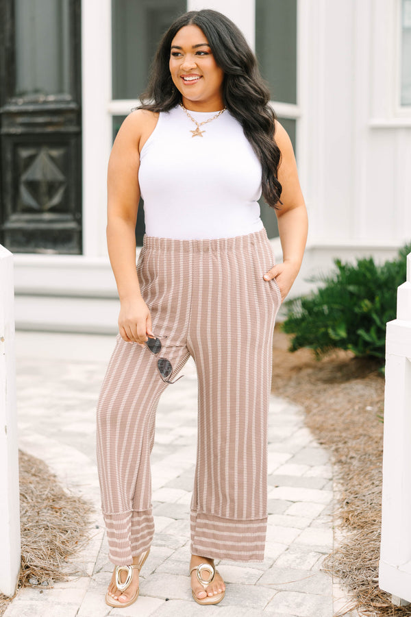Chic Soul plus size clothing, mocha brown and white vertical stripe flowy pants with stretchy waistband and horizontal mocha brown and white stripe cuffing at the bottom
