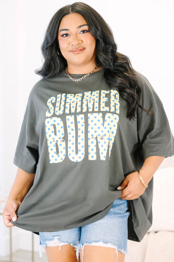 Plus Size oversized smoke grey boyfriend tee with a blue and yellow polka dot Summer Bum graphic.