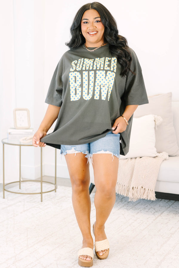 Plus Size oversized smoke grey boyfriend tee with a blue and yellow polka dot Summer Bum graphic.