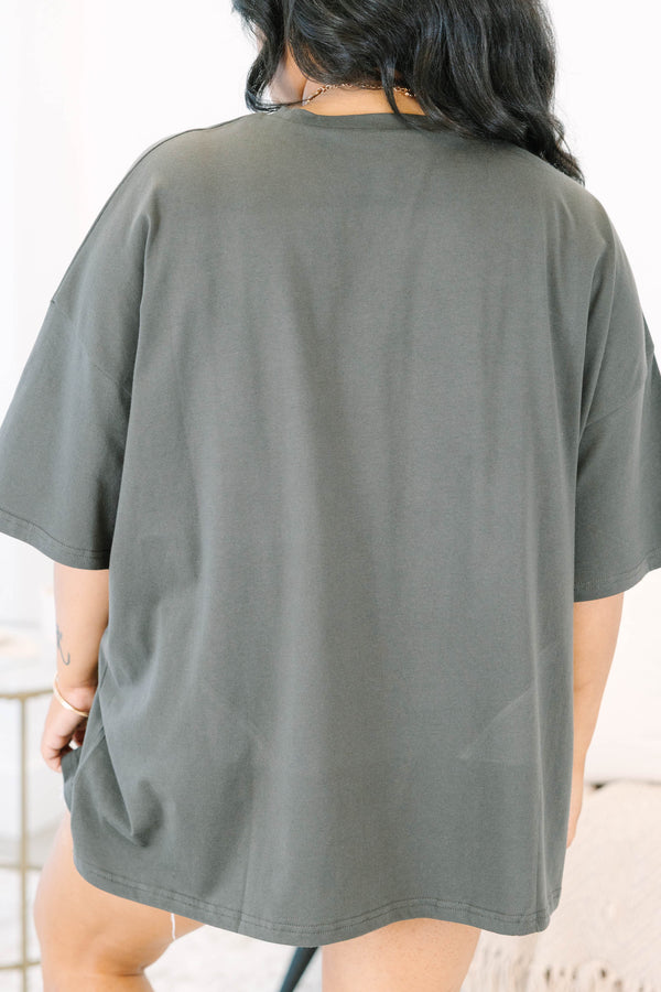 Plus Size oversized smoke grey boyfriend tee with a blue and yellow polka dot Summer Bum graphic.