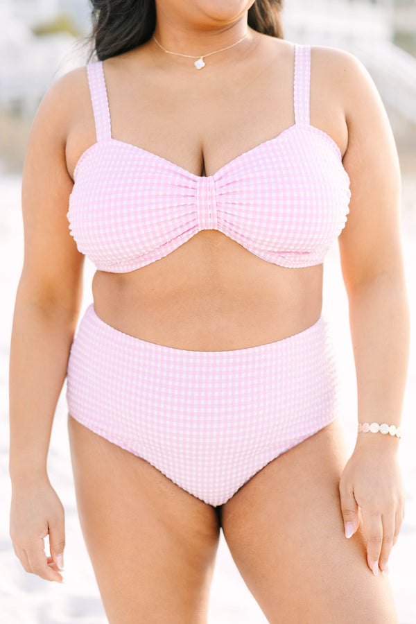Chic Soul plus size clothing, pink gingham bow shaped swim top  