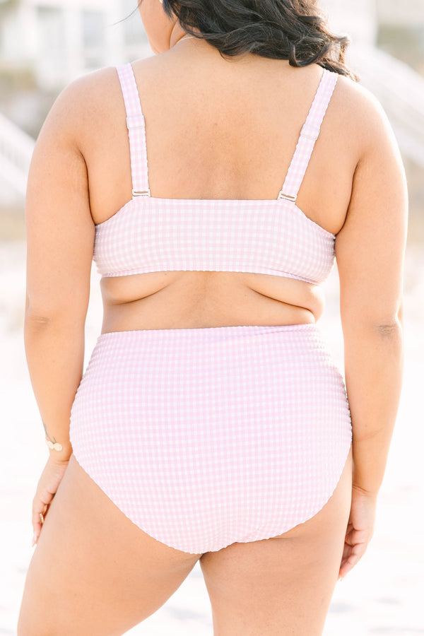 Chic Soul plus size clothing, pink gingham bow shaped swim top  