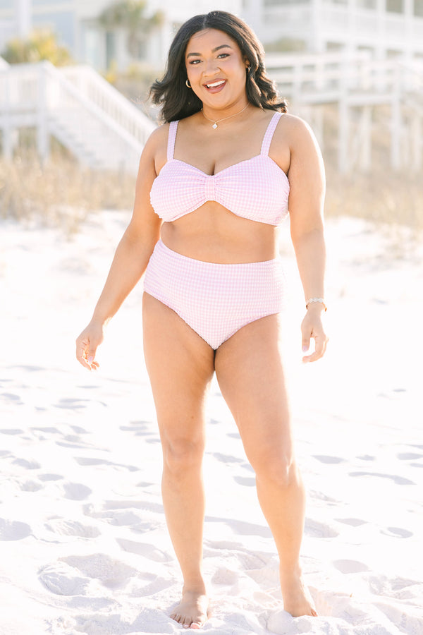 Chic Soul plus size clothing, pink gingham bow shaped swim top  