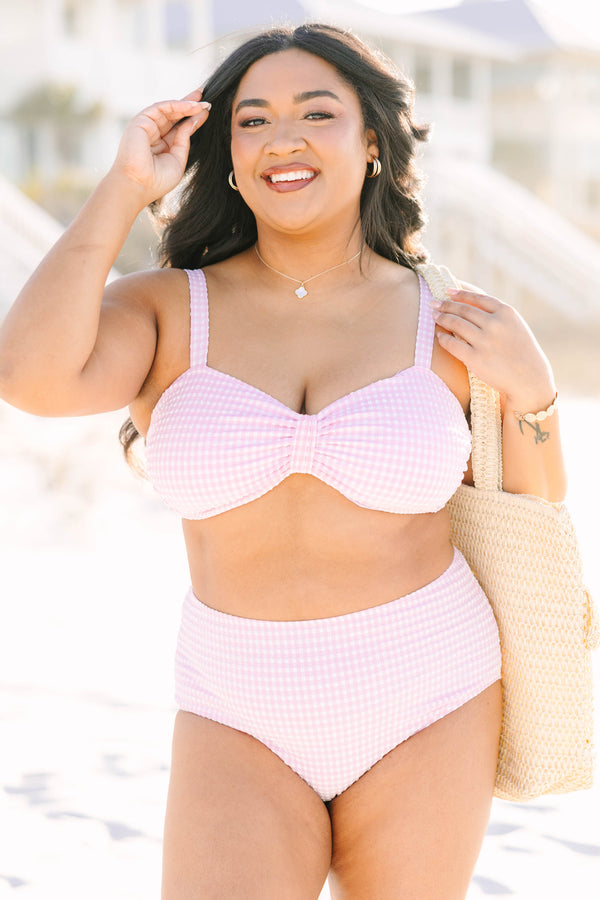 Chic Soul plus size clothing, pink gingham high waisted swim bottoms 