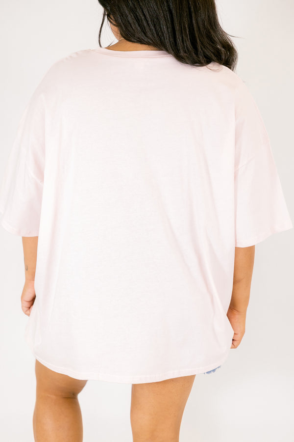 Chic Soul plus size clothing, cream pink short sleeve graphic tee with the a palm tree and sun graphic on the center of the short in a circle shape with the two sayings 
