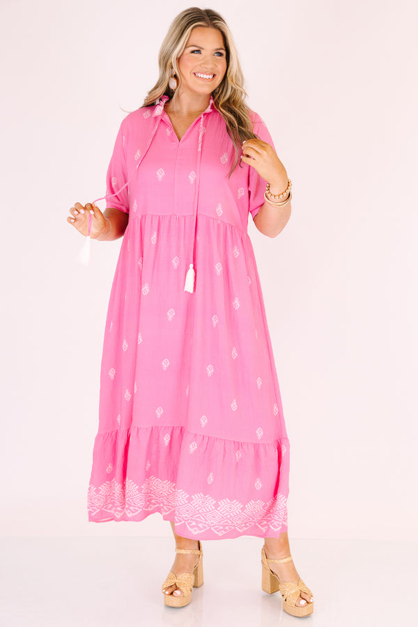 Chic Soul plus size clothing, hot pink maxi dress with short sleeves that have cuffs at the end as well as tassels attached from the neckline and a white block pattern throughout 