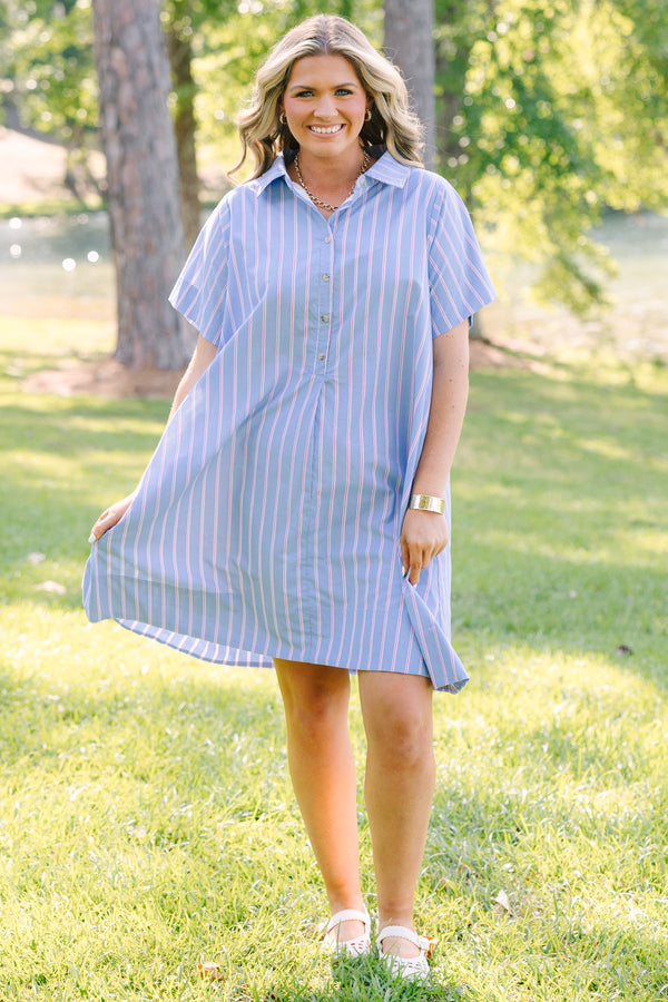 Plus Size blue and white striped shirt dress with red accents, short sleeves, and a collared neck.