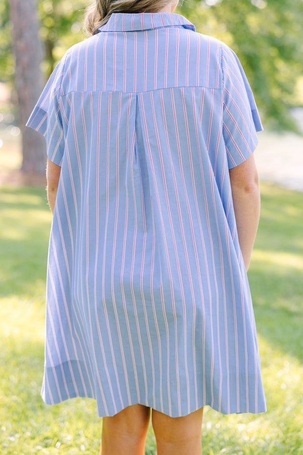 Plus Size blue and white striped shirt dress with red accents, short sleeves, and a collared neck.