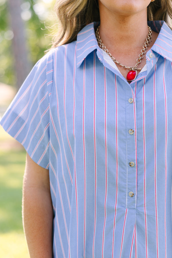 Plus Size blue and white striped shirt dress with red accents, short sleeves, and a collared neck.