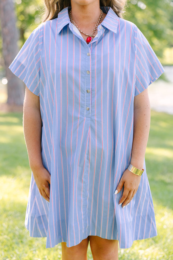 Plus Size blue and white striped shirt dress with red accents, short sleeves, and a collared neck.
