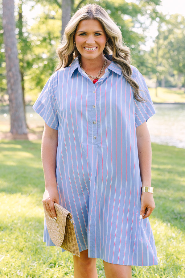 Plus Size blue and white striped shirt dress with red accents, short sleeves, and a collared neck.