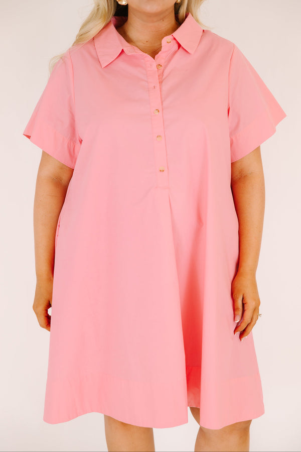 Chic Soul plus size clothing, bright pink short sleeve a-line half button up collared dress