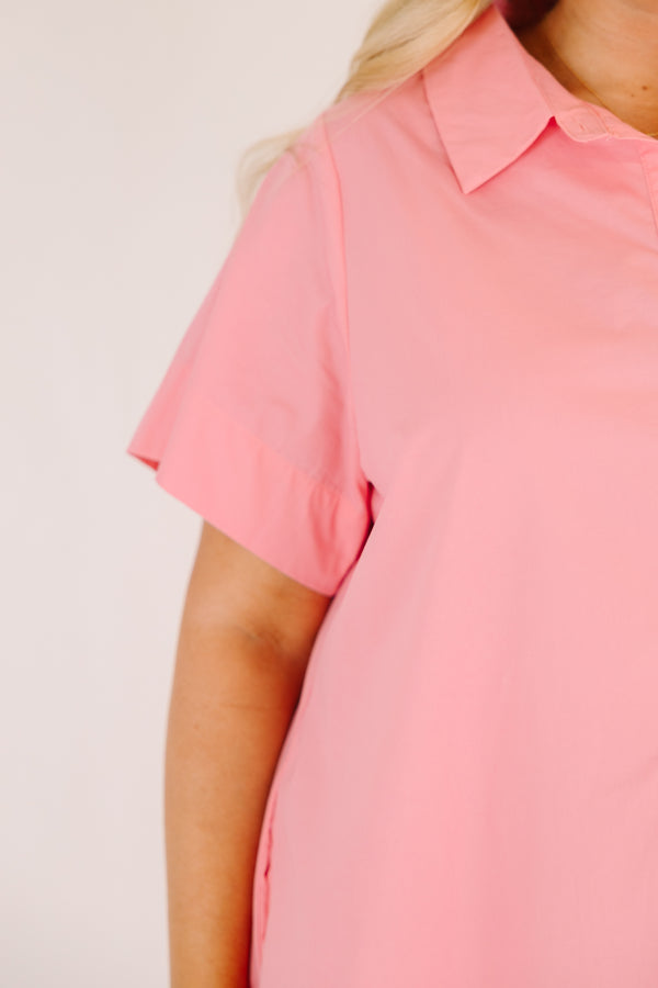 Chic Soul plus size clothing, bright pink short sleeve a-line half button up collared dress
