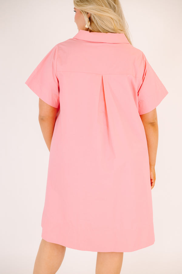 Chic Soul plus size clothing, bright pink short sleeve a-line half button up collared dress