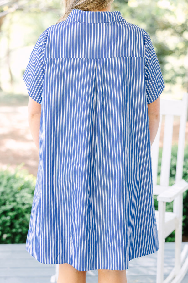 Chic Soul plus size clothing, blue and white striped short sleeve a-line half button up collared dress