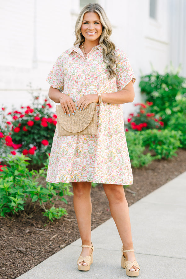 Chic Soul plus size clothing, primarily cream and orange floral print short sleeve collared partial button-up casual dress