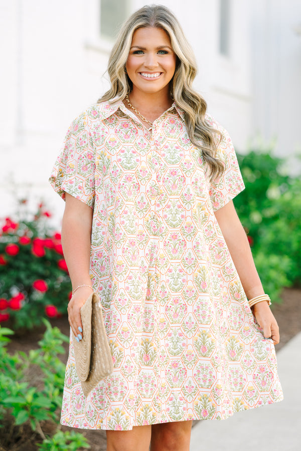 Chic Soul plus size clothing, primarily cream and orange floral print short sleeve collared partial button-up casual dress