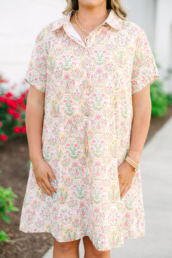 Chic Soul plus size clothing, primarily cream and orange floral print short sleeve collared partial button-up casual dress