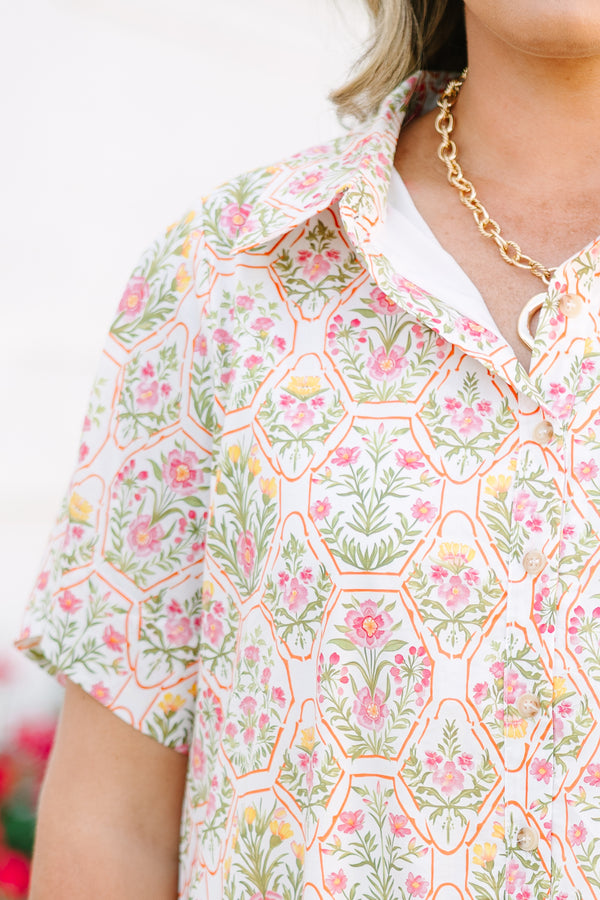 Chic Soul plus size clothing, primarily cream and orange floral print short sleeve collared partial button-up casual dress
