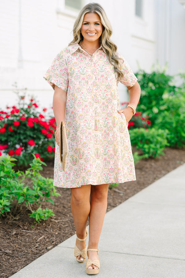 Chic Soul plus size clothing, primarily cream and orange floral print short sleeve collared partial button-up casual dress