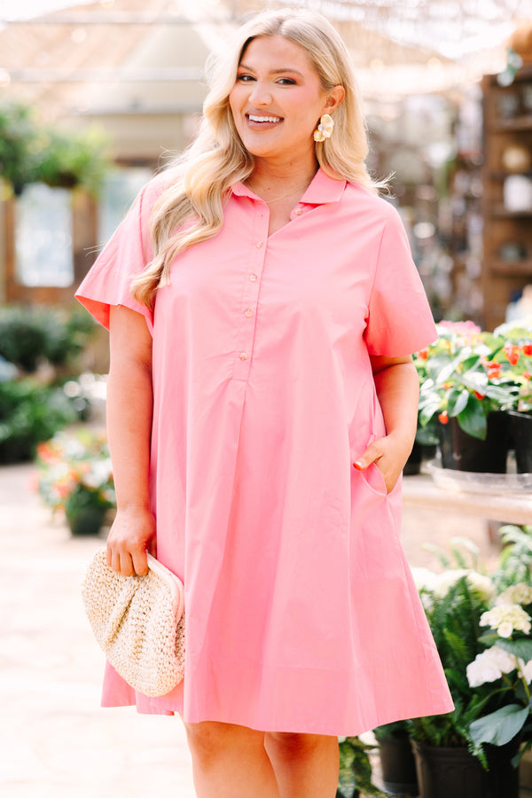 Chic Soul plus size clothing, bright pink short sleeve a-line half button up collared dress