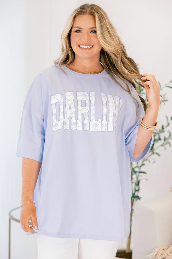 Chic Soul plus size clothing, ash blue short sleeve graphic tee with the saying 