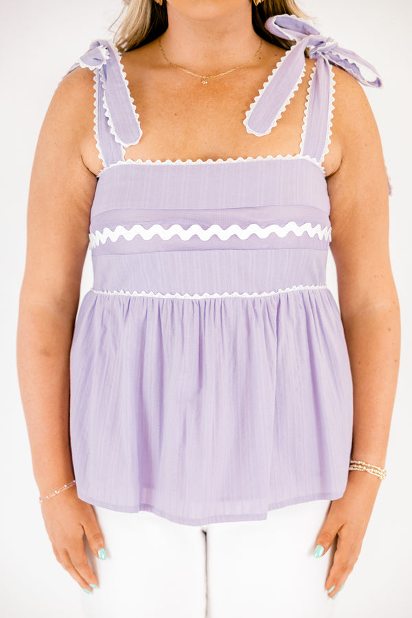 Chic Soul plus size clothing, lilac top with bows that tie on top of the sleeves as well as white scalloped detailing on the bust along the bows and on the square neckline