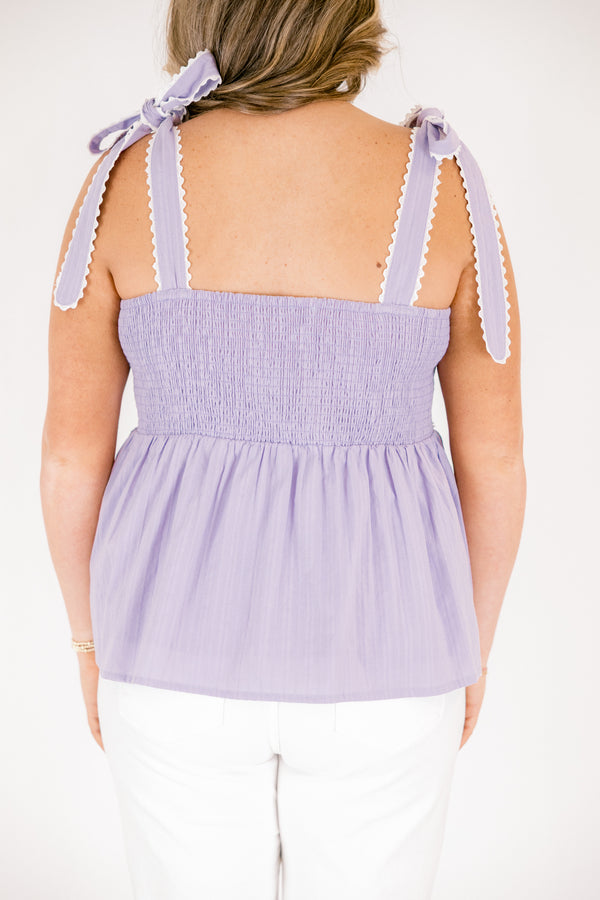 Chic Soul plus size clothing, lilac top with bows that tie on top of the sleeves as well as white scalloped detailing on the bust along the bows and on the square neckline