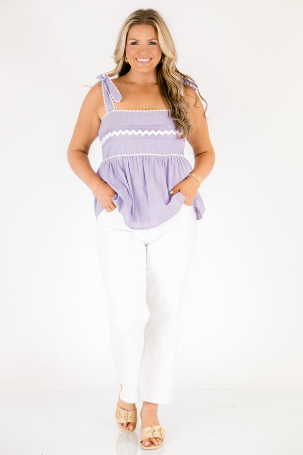 Chic Soul plus size clothing, lilac top with bows that tie on top of the sleeves as well as white scalloped detailing on the bust along the bows and on the square neckline