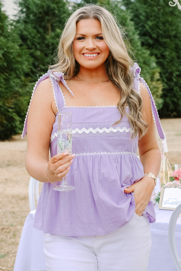 Chic Soul plus size clothing, lilac top with bows that tie on top of the sleeves as well as white scalloped detailing on the bust along the bows and on the square neckline
