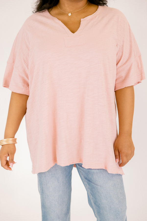 Chic Soul plus size clothing, light pink shorts sleeve oversized tee with v neck cutout 