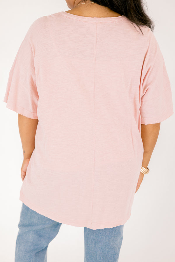 Chic Soul plus size clothing, light pink shorts sleeve oversized tee with v neck cutout 