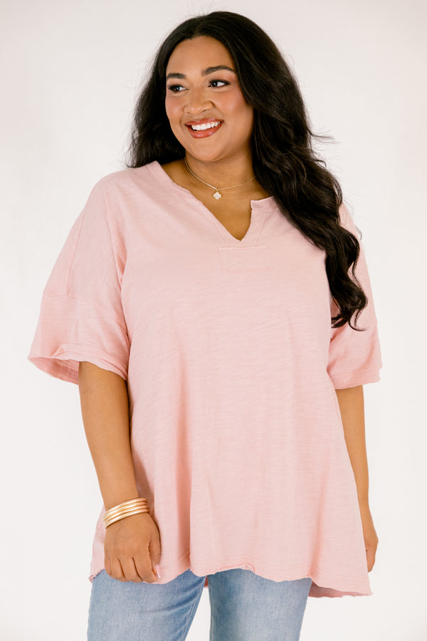 Chic Soul plus size clothing, light pink shorts sleeve oversized tee with v neck cutout 