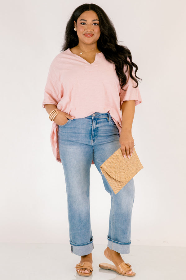 Chic Soul plus size clothing, light pink shorts sleeve oversized tee with v neck cutout 