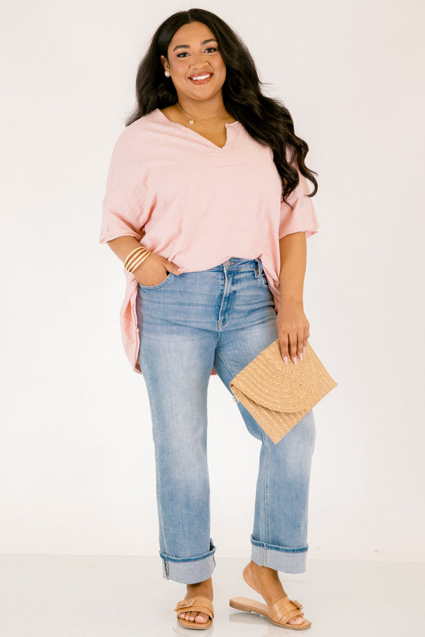 Chic Soul plus size clothing, light pink shorts sleeve oversized tee with v neck cutout 